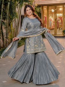 Pure Fendy Silk Sequence Embroidery Kurti Set With Lined Sharara Pant And Lace Border Matching Dupatta For Women QO 1065 - Product Image 3