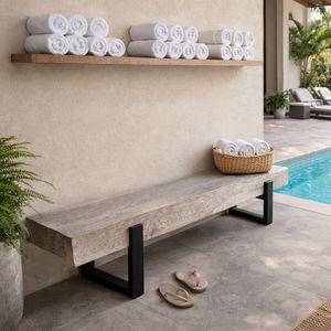 Banc industriel moderne en bois massif naturel à bords bruts, tabouret long en bloc de bois récupéré, pieds en métal noir robustes, pour jardin et terrasse - Product Image 6