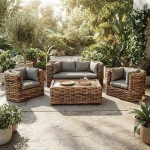 Outdoor <b>Rattan</b> Woven <b>Sofa</b> Set Mahogany Wood Frame Half Cl Natural <b>Rattan</b> Daphnie Cushion Glass Coffee Table Setup Art Design - Product Image 4