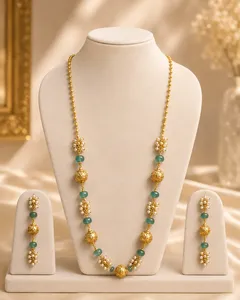 Ensemble collier et boucles d'oreilles classiques en or 24 carats et jade avec perles d'eau douce, parures de mariage pour femmes, motif floral - Product Image 3
