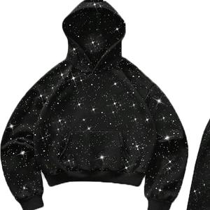 Ensemble de survêtement unisexe haut de gamme en polyester/coton tissé respirant avec strass, sweat à capuche et pantalon de survêtement personnalisés à paillettes, style streetwear - Product Image 4