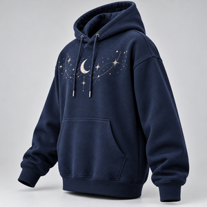 Sudadera con Capucha Bordada Digitalmente con Estrellas y Luna Azul Marino, Sudadera Unisex Premium, Logotipo Personalizado, Forro Polar Transpirable - Product Image 3
