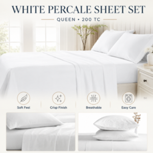 Sábanas de Cama Queen Size, 200 Hilos, Blancas, de Percal, Estilo Hotel, Americanas, Ajustables y Planas, Opción de Tamaño Individual Disponible - Product Image 1