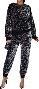 Ensemble 2 pièces de qualité supérieure, à sequins, manches longues, col rond, coupe ample, pantalon longueur cheville avec imprimé pailleté, polyester, tenue de club sexy - Product Image 5