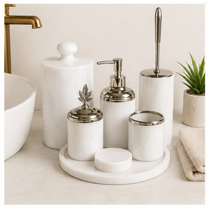 Ensemble d'accessoires de salle de bain en marbre blanc naturel au design attrayant, suite d'articles sanitaires modernes pour hôtel avec distributeur de savon - Product Image 6