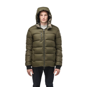 Veste matelassée à capuche pour homme, couleur vert olive, coupe-vent, rembourrée de duvet, fermeture éclair, manteau d'hiver décontracté, coupe régulière, couleur unie - Product Image 1