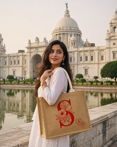 Oversized Jute <b>Tote</b> Bag with <b>Zip</b> Floral Monogram S Print Eco Friendly Shopping Carry Bag - Product Image 1
