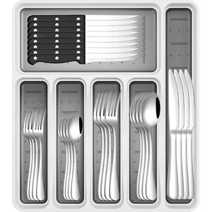 Set di posate in acciaio inossidabile da 49 pezzi per 8 persone con coltelli da bistecca e utensili da cucina, include organizer per posate - Product Image 1