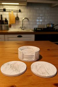 White and Gold Marble <b>Coaster</b> <b>Set</b> of 4 With Chic Holder Handcrafted Design For Elegant Home Decor and Drink Use - Product Image 3
