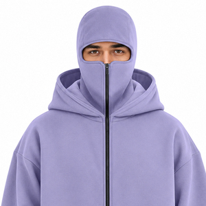 Custom <b>Men's</b> Double Balaclava Hoodie Polyester Cotton Full Zip Streetwear Jacket Casual Style With Attached <b>Face</b> Cover And Cuffs - Product Image 3