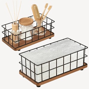 Rectangle Metal Wire <b>Storage</b> <b>Basket</b> With Wooden Base Nordic Style Multifunctional Organizer For Sundries - Product Image 3