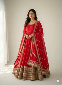 <b>Red</b> Embroidered Anarkali <b>Lehenga</b> Set Long Sleeve Dupatta Traditional Dress for Wedding Party Women - Product Image 1