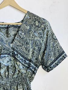 Robe longue en mousseline de soie à imprimé floral, col en V, style bohème, avec taille élastique et manches courtes, pour toutes les saisons, tenue décontractée - Product Image 3