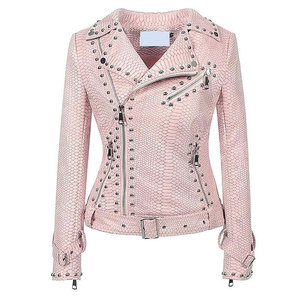 Pink Genuine Leather Motorcycle Jacket <b>Women</b> Rivet Zipper Biker <b>Coat</b> Silk Lining Quick Dry - Product Image 6