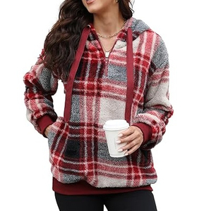 <b>Women's</b> <b>Red</b> Plaid Flannel Sherpa <b>Hoodie</b> Casual Long Sleeve Pullover with Kangaroo Pocket - Product Image 2