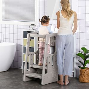 <b>Adjustable</b> Gray Toddler Tower Anti-Slip Kitchen Bathroom and Bedroom Step Stool with Helper Mat for Kids' <b>Tables</b> - Product Image 2