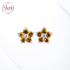 [Sheri Jewels] 18K Solid White Gold <b>Small</b> Flower Shape Natural Yellow Sapphire Diamond <b>Stud</b> <b>Earrings</b> for Women & Kids-Gift - Product Image 1