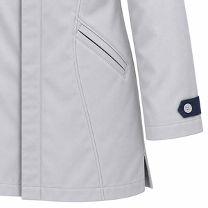 Doctor <b>Coat</b> Pale <b>Grey</b> <b>Stand</b> Collar Medical Lab <b>Coat</b> OEM Custom Wholesale Unisex Healthcare Workwear Uniform with Navy Cuff Tabs - Product Image 5
