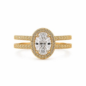 Anillo de compromiso de oro macizo de 10K, 14K, 18K con diamante ovalado/redondo cultivado en laboratorio certificado por IGI, halo solitario y doble banda de eternidad al por mayor - Product Image 4