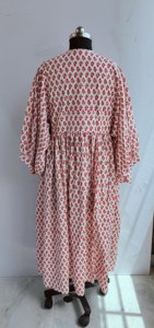 Robe midi élégante bohème rouge à fleurs, en coton artisanal, avec col à nouer et imprimé ethnique palmiers, robe décontractée pour femmes - Product Image 3