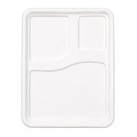 Plateau de service alimentaire jetable transparent en bagasse biodégradable écologique à 3 compartiments avec couvercle blanc pour la restauration