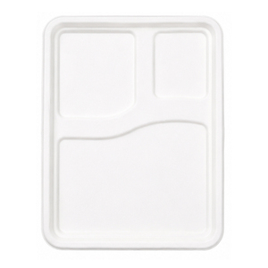 Plateau de service alimentaire jetable transparent en bagasse biodégradable écologique à 3 compartiments avec couvercle blanc pour la restauration - Product Image 3