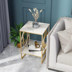 Table basse moderne avec plateau en marbre et structure en métal doré, étagère de rangement, meuble de salon gain de place, design contemporain - Product Image 5