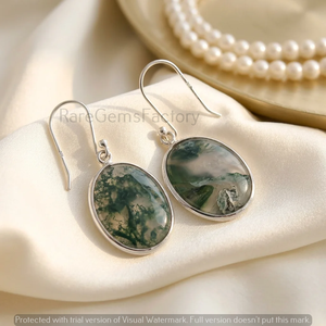 Pendientes de Plata de Ley 925 con Ágata Musgosa, Piedra Preciosa Verde Natural, Pendientes Colgantes Ovalados, Joyería Hecha a Mano para Mujer - Product Image 3