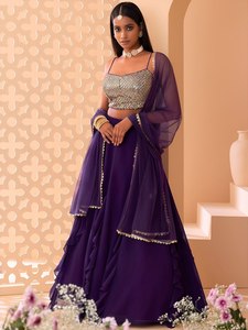 Elegant Purple Cotton Lehenga Set <b>Sequin</b> Crop <b>Top</b> Layered Skirt Net Dupatta Ruffle Wedding Party Women Outfit - Product Image 1