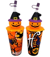 Gobelet Citrouille d'Halloween avec Couvercle Chapeau de Sorcière et Paille pour Fête d'Enfants, Tasse en Plastique Réutilisable, Design Cartoon