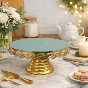 Elegant six-piece golden cake stand set features unique versatile pedestals and sturdy <b>risers</b>. available at wholesale prices. - Product Image 3