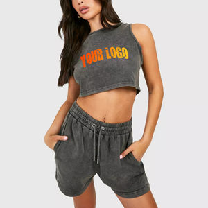 Conjunto de 2 piezas de algodón 100% a la moda para mujer, top corto y pantalón corto con efecto acid wash, conjunto deportivo de jersey grueso para mujer - Product Image 1