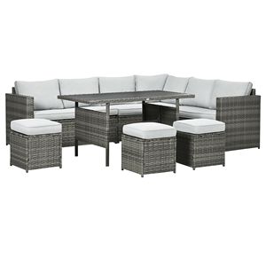 Set di Mobili da Esterno in Vimini a 7 Pezzi con Effetto Legno Teak, Divano Sezionale da Esterno, Tavolino Alto Misto, Elegante Set Conversazione in Legno-Plastica - Product Image 1