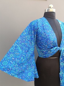New Style V-neck Bell Sleeves Floral Print 100% Cotton Top with Pajama Flare <b>Elastic</b> Waist Knotted <b>Dress</b> Palazzo Tie up Crop - Product Image 3