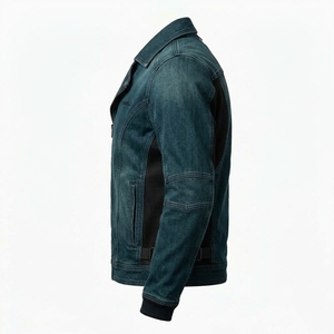 Blouson Moto Homme en Jean Délavé Bleu Pétrole avec Fermeture Éclair Asymétrique, Panneau en Maille Respirante et Boucle Ajustable - Product Image 4