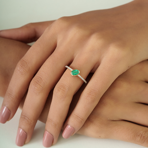 Dernière collection de bagues de fiançailles empilables en émeraudes et diamants véritables pour unisexe, or jaune pur 14 carats, bijoux pierre de naissance de mai - Product Image 2