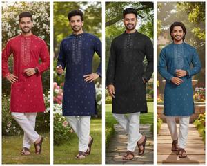 Vente en gros : Ensemble Kurta Pajama pour homme, brodé à la main, style Chikankari Gujarati, idéal pour les mariages, disponible à la vente. - Product Image 6