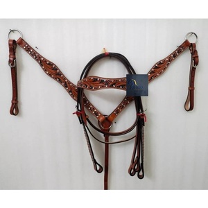 Têtière et harnais en cuir marron avec design floral en cristal noir et transparent, finitions en acier inoxydable, équipement d'équitation western réglable - Product Image 1