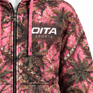 Rose <b>Pink</b> Forest Print Zip <b>Hoodie</b> Mens Casual Outdoor Hooded Sweatshirt with Drawstring Front Pockets Warm Everyday Streetwear - Product Image 6