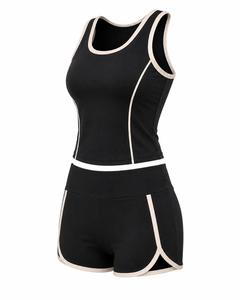 Ensemble de yoga 2 pièces pour femmes grandes tailles, haut court sans manches à dos nageur et décolleté ras du cou, short taille haute avec bordure contrastante, en spandex sans couture - Product Image 2