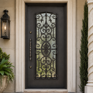 Porte d'entrée simple en fer forgé bronze foncé avec panneau en verre et poignée à motifs sculptés pour entrée de villa - Product Image 3