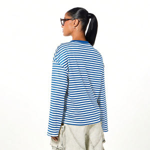 Camiseta a Rayas de Manga Larga con Cuello Redondo de Alta Calidad al por Mayor, Ajuste Holgado, Informal, de Verano para Mujer, Tejida, 100% Algodón - Product Image 2