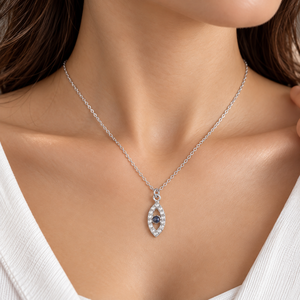 925 Sterling Silver Eye Necklace with Natural <b>Lapis</b> <b>Lazuli</b> – Dainty Pave Marquise Eye Pendant Protection Jewelry - Product Image 5