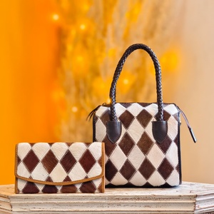 New Black White & Brown Soft Hair Fur Checkered Diamond Pattern <b>Hand</b> Tooled 100% Genuine Leather Material <b>Mini</b> Speedy Duffle Bag - Product Image 3