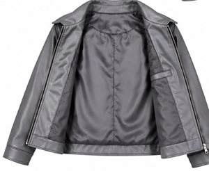 Chaqueta de moto de piel sintética gris para mujer con cremallera y cuello vuelto, estilo corto. - Product Image 5