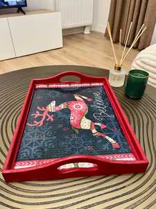 Wooden Customized Red Rectangle Serving Tray With Enamel Reindeer Pattern And Home Decor Dining Tray Multi Purpose Tray By UO - Product Image 3