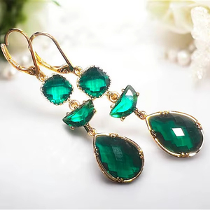 Green Emerald Drop Earrings Framed Handmade 925 Sterling <b>Silver</b> 14K Gold Plated Gemstone Jewelry Gift For Women - Product Image 3