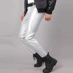 Pantalones Plateados con Recubrimiento de PU para Hombre, Cintura Alta, Corte Recto, con Cinturón, Estilo Casual para Otoño - Product Image 5