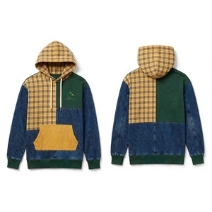 NEXTEX Sweat à capuche unisexe patchwork en molleton de coton doux, avec poches, motifs jaune à carreaux, vert forêt, bleu denim et moutarde - Product Image 4