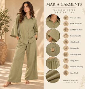 Ensemble 2 pièces style vacances le plus vendu - Blouse boutonnée vert olive et pantalon décontracté à jambes larges en lin/coton respirant - Vente en gros - Product Image 2